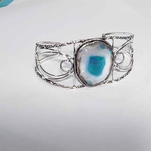 Agate Bracelet, 925 silver agate geode slice gemstone adjustable cuff bracelet - Picture 9 of 14